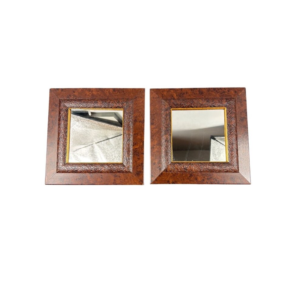 VTG Home Interiors Wood Wall Mirrors Set of 2 Square USA 2002 Tuscan Old World